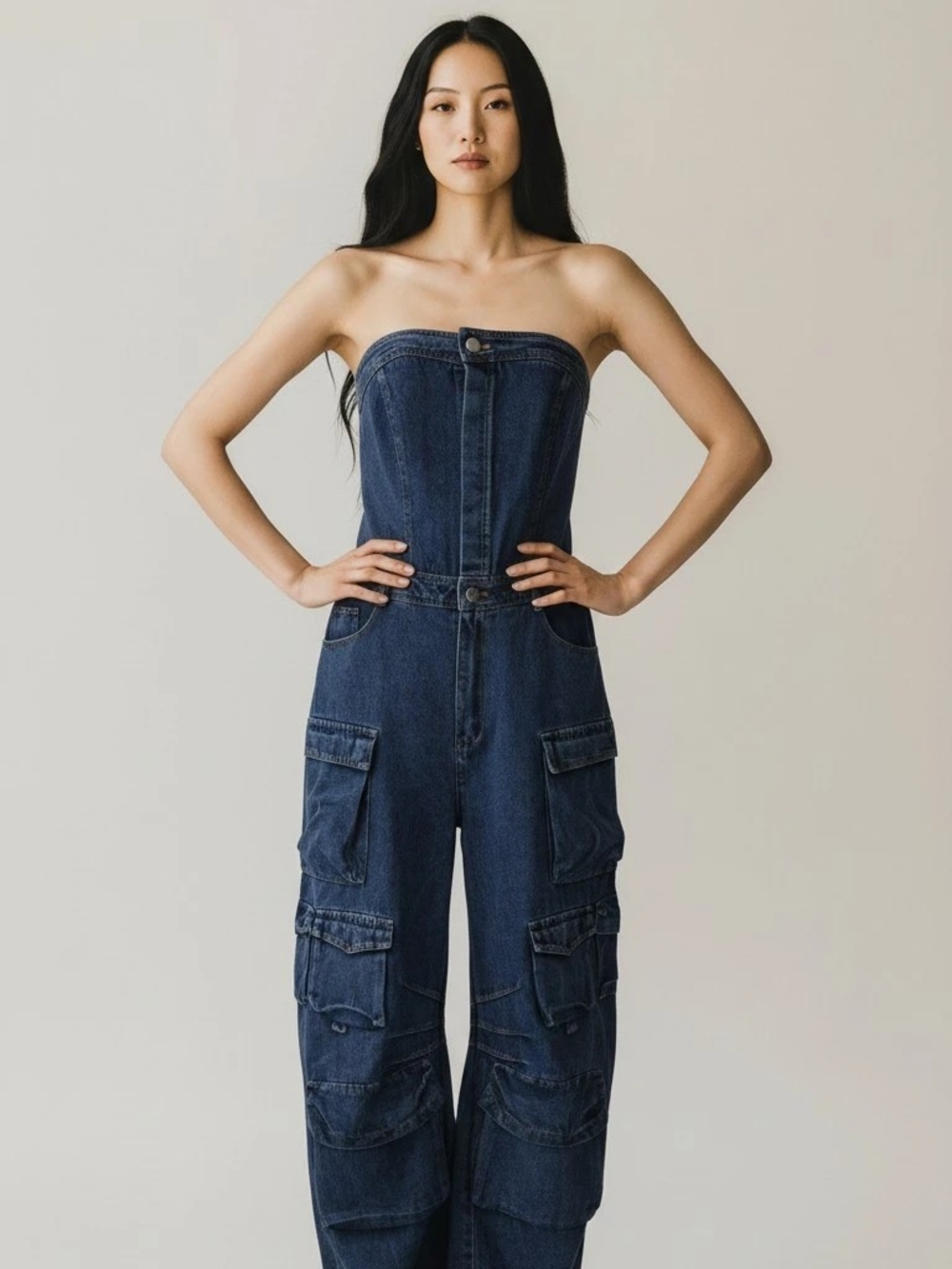 Denim Strapless Cargo Jeans Jumpsuit